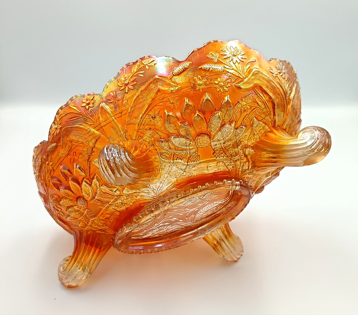 Fenton Thistle Carnival Glass Banana Boat, Marigold, photo 9 of 9
