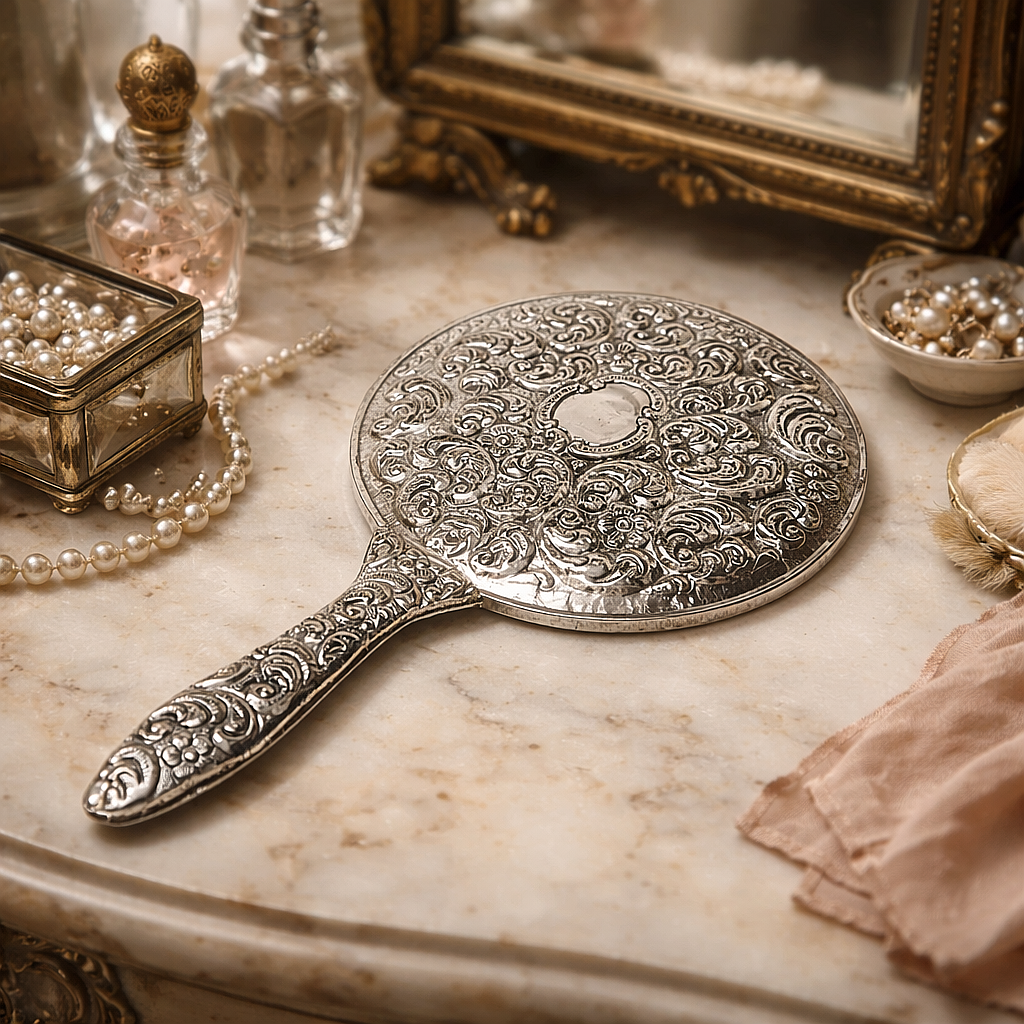 Antique 900 Sterling Silver Turkish Handheld Mirror – Repoussé Floral Scrolls