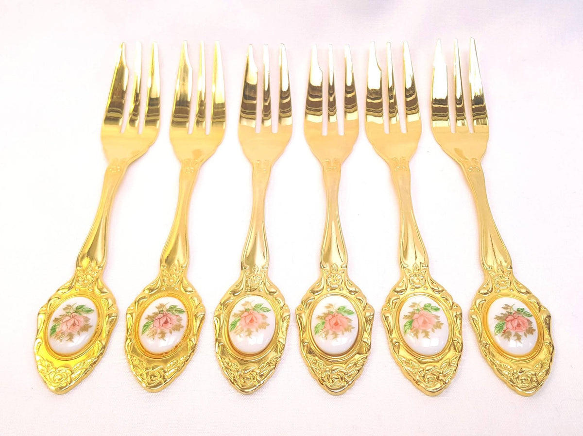 Eetrite | 24-Carat Gold-Plated Cake Forks with Porcelain Rose Cameo Insets | Set of 6 | South Africa