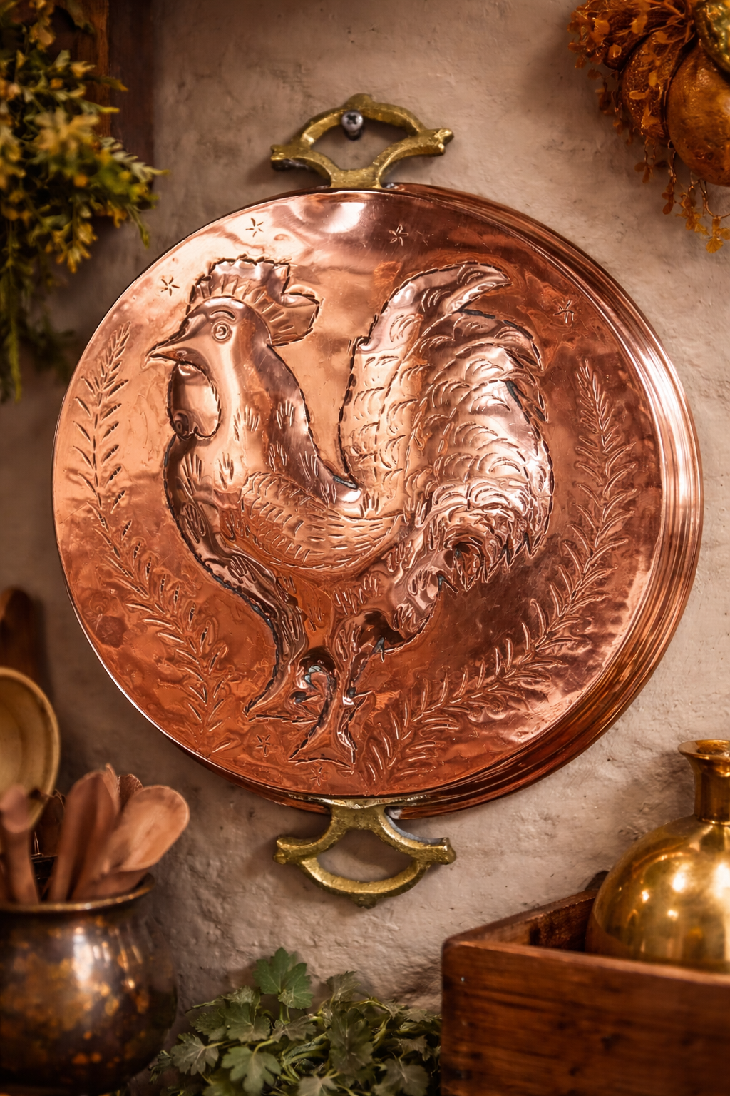 Vintage Hand-Hammered Copper Rooster Mould with Brass Handles