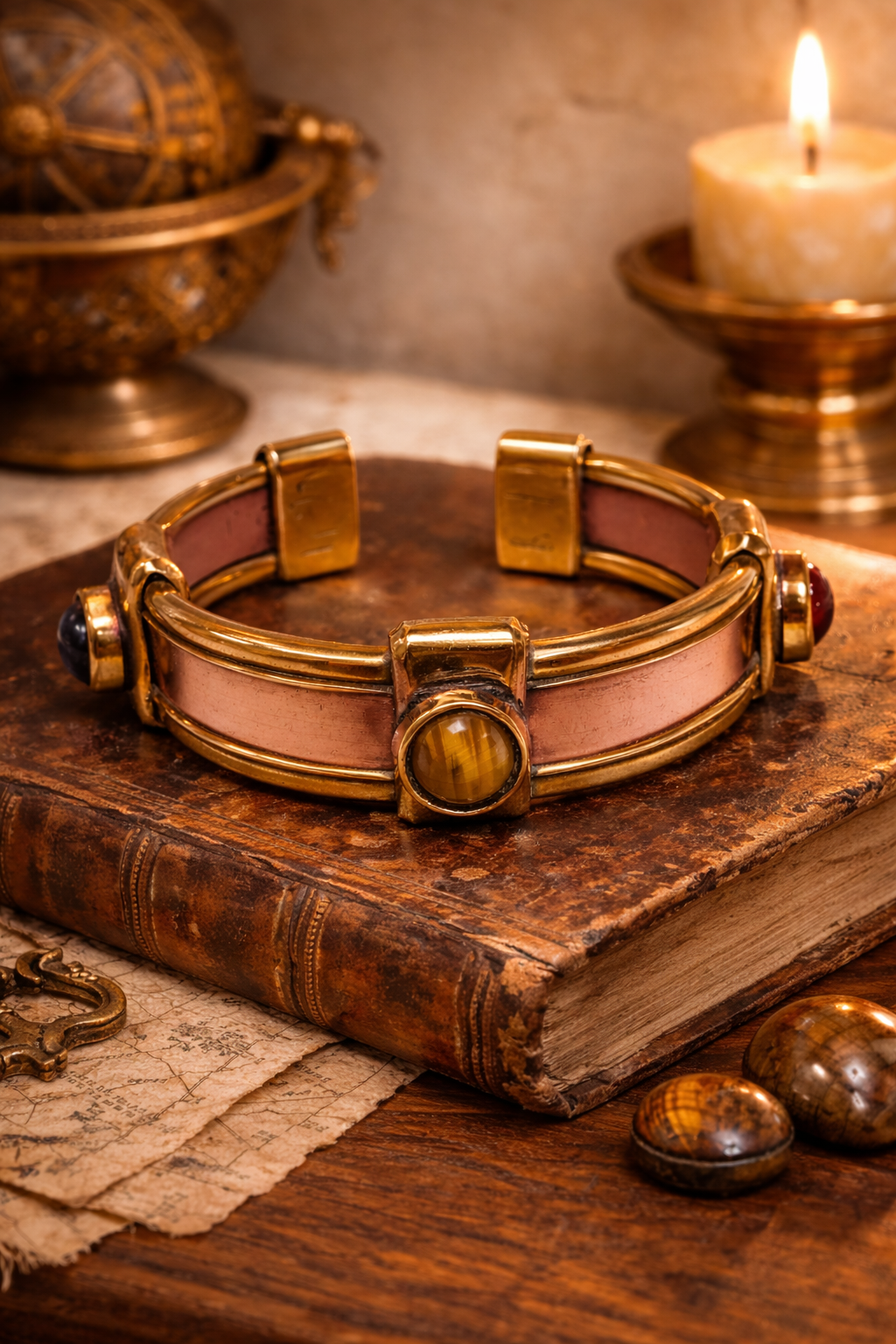Handcrafted Solid Copper & Brass Men’s Bangle – Tiger’s Eye Statement Piece