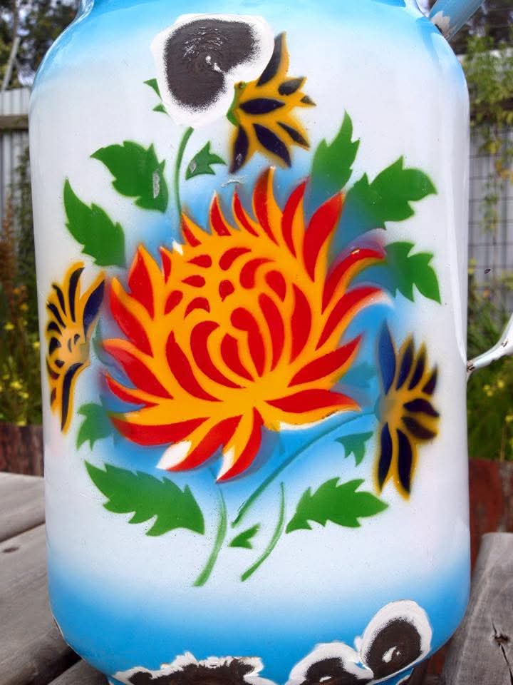Enamelware Washbowl and Jug | Stencilled Floral Decoration | Enamelled Steel | Mid-to-Late Twentieth Century