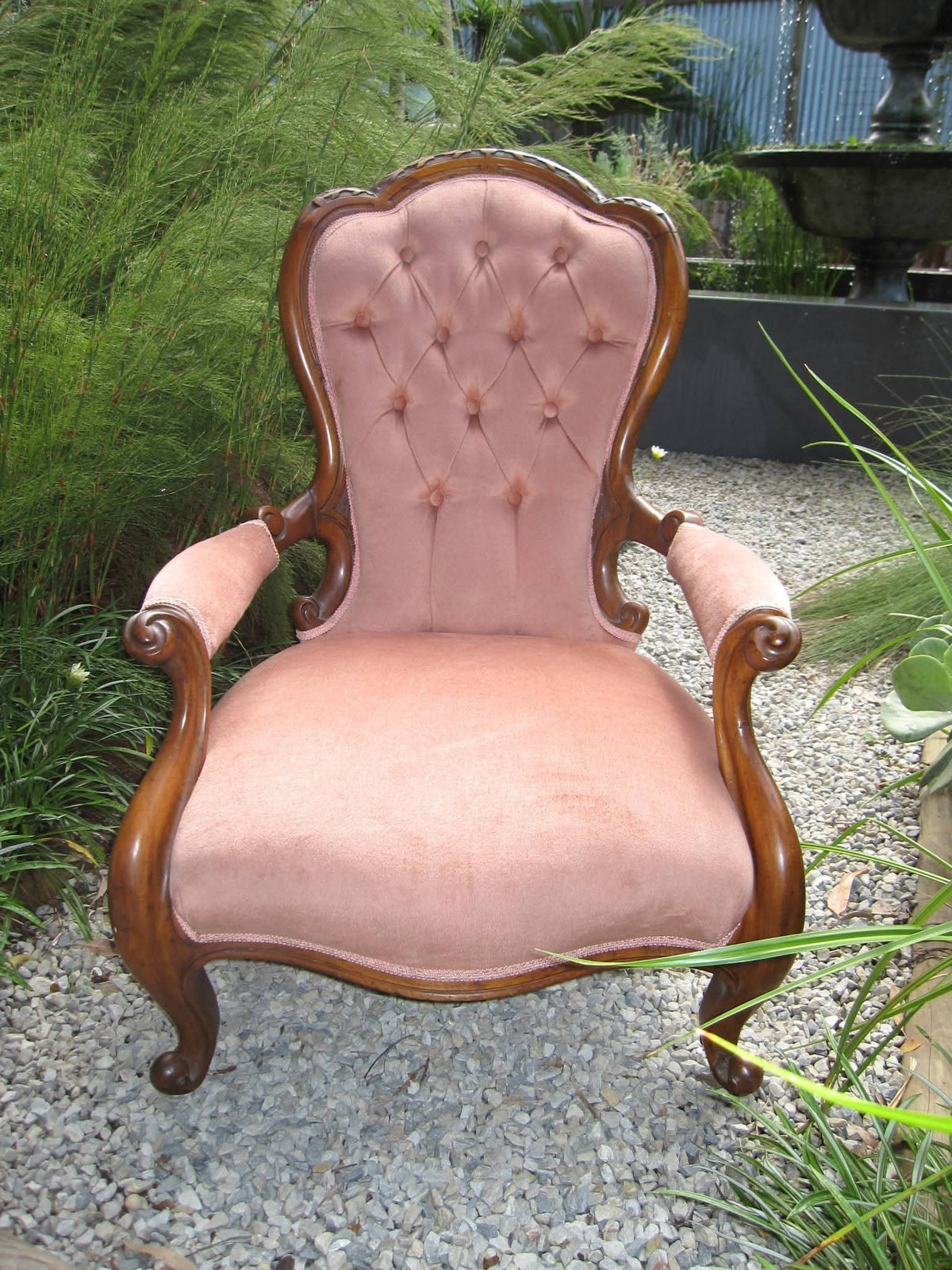 Victorian Period | Spoon-Back Armchair | Carved Solid Mahogany | Button-Tufted Upholstery | c.1837–1901