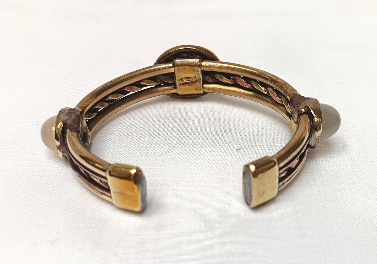 Handcrafted Artisan Solid Copper & Brass Cuff Bangle | Natural Moonstone & Brecciated Jasper Cabochons | One-of-a-Kind | Unisex