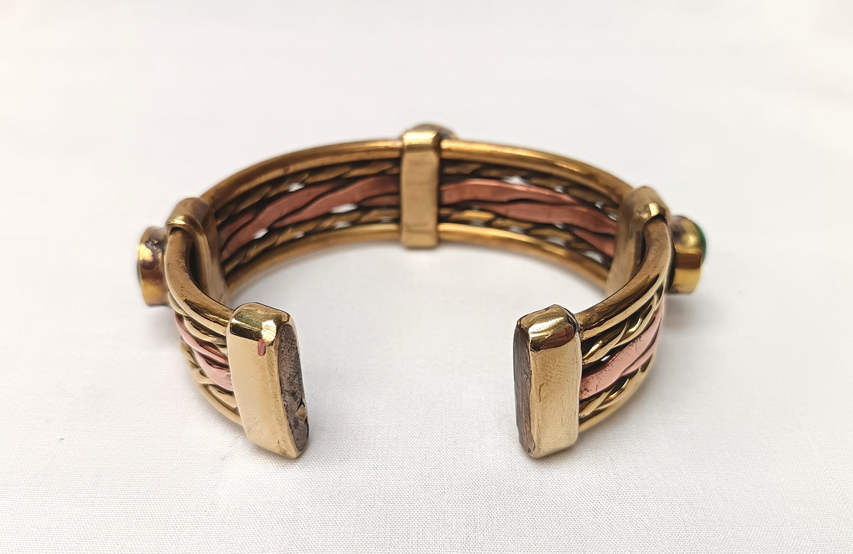 Local Artisan | One-off Design | Copper and Brass Cuff Bangle | Malachite Cabochons | Contemporary