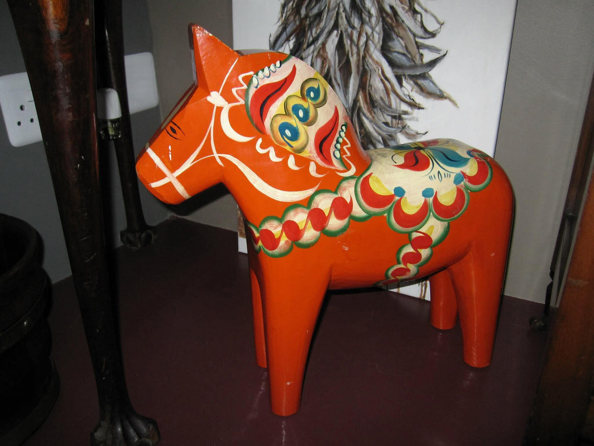 Traditional Swedish Dala Horse | Hand-Painted Carved Wood | Kurbits Decoration | Sweden | 20th Century