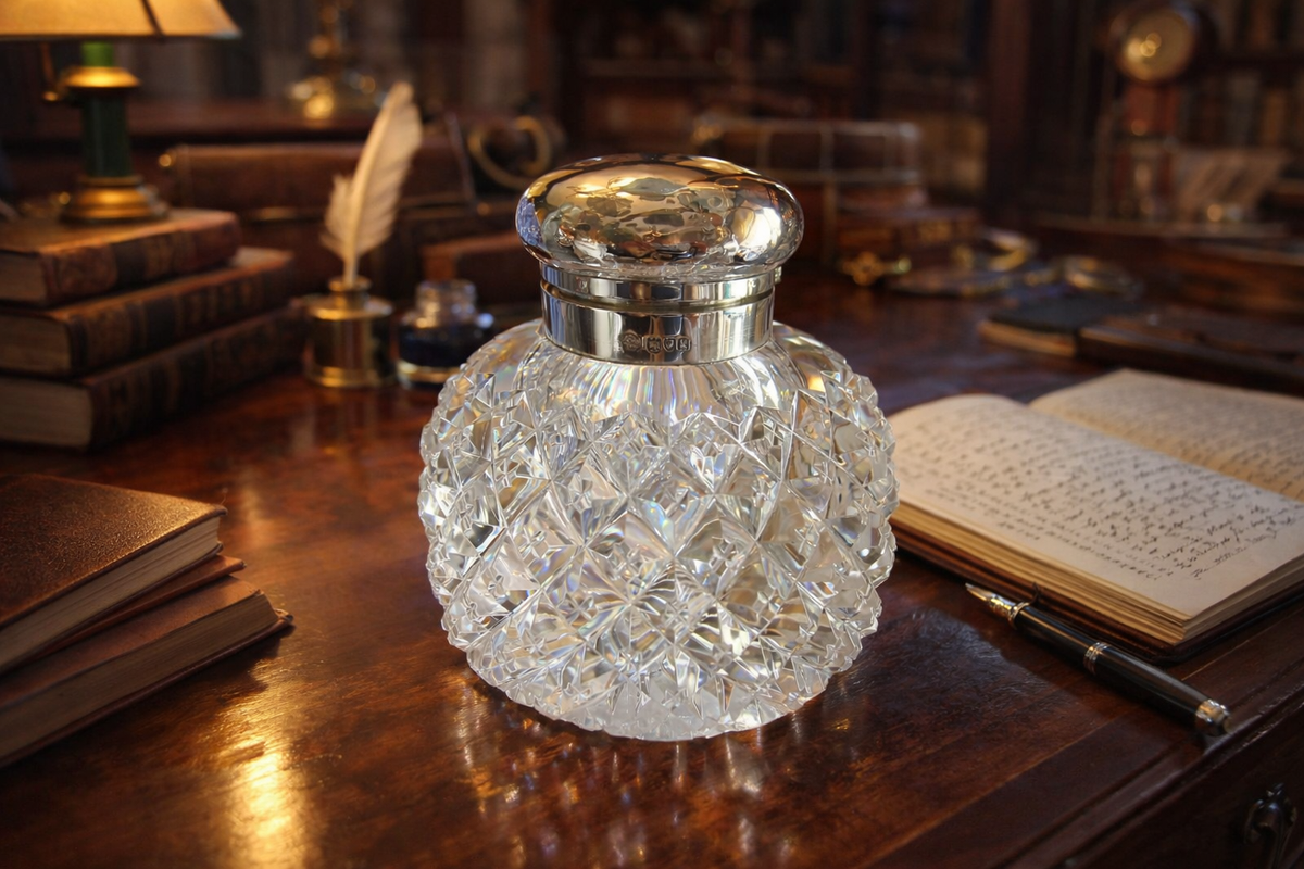 George Betjemann & Sons | Sterling Silver-Mounted Cut Lead Crystal Inkwell | London 1905 | Edwardian