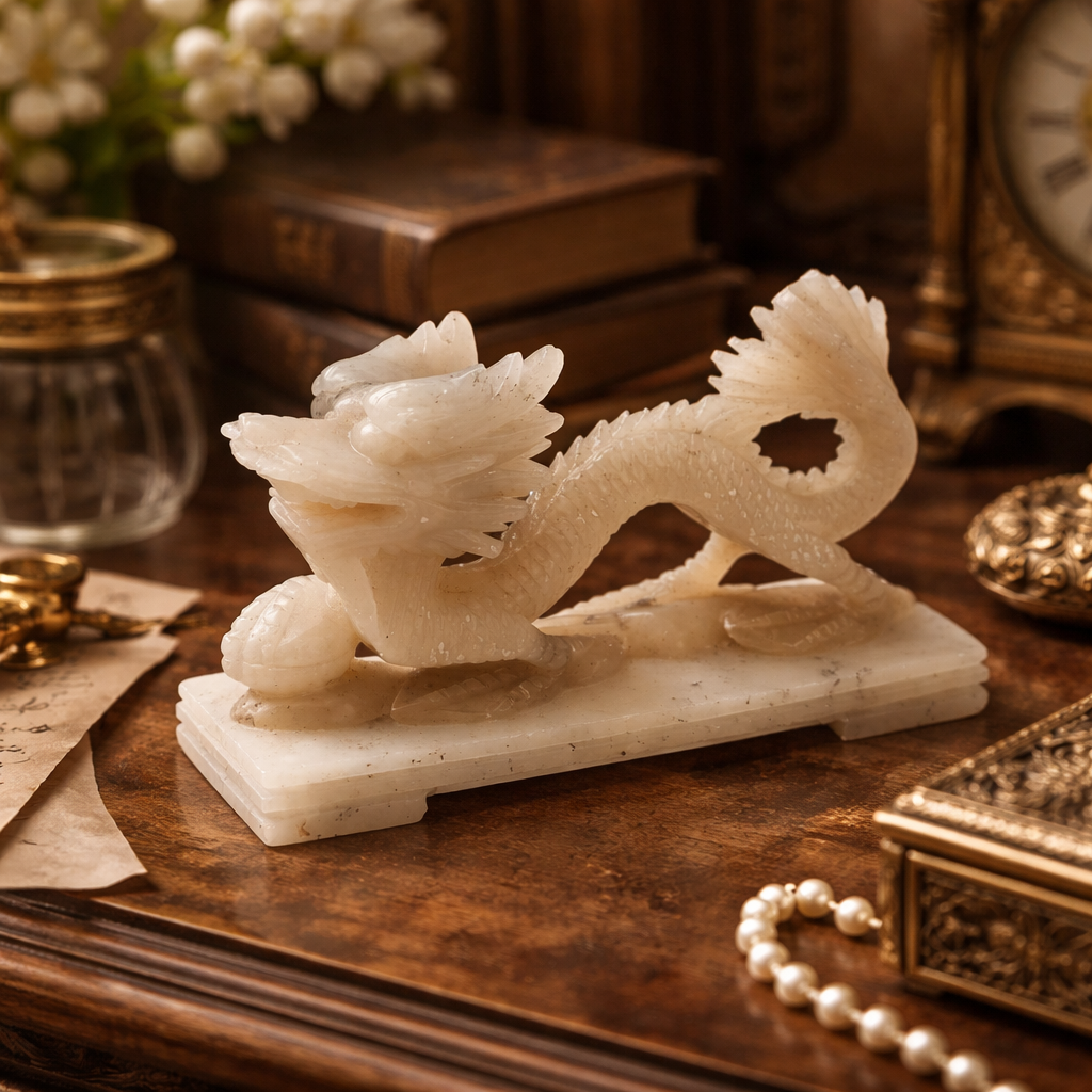 Hand-Carved Stone Dragon Figurine on Carved Base