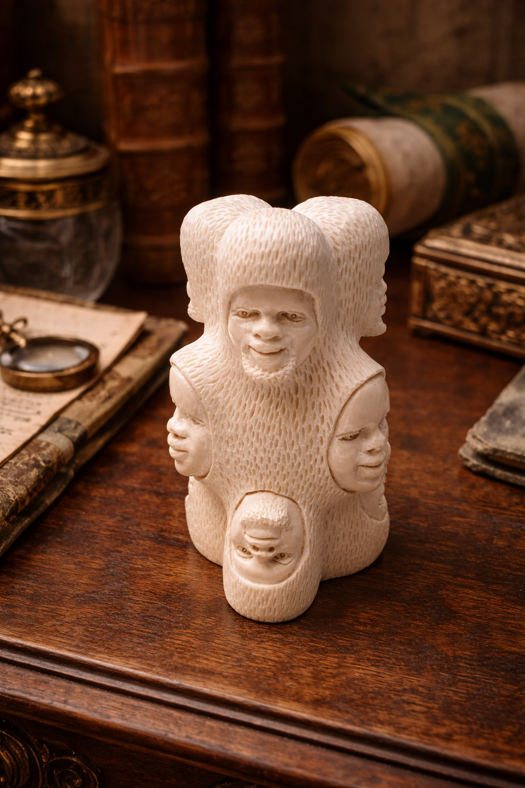 Vintage Hand-Carved Multi-Faced Africanist Sculptural Figure