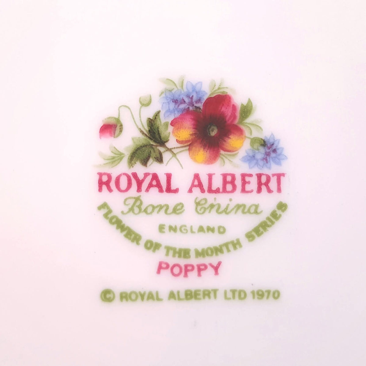 Royal Albert | Flower of the Month Series | August — Poppy | Trio: Cup, Saucer & Side Plate | © 1970 First Production | Bone China | England | Mint Unused Condition