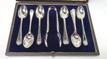 Load image into Gallery viewer, Walker & Hall Sterling Silver Golf-Themed Teaspoon Set with Silver-Plated Sugar Tongs – Early 20th Century Collectible