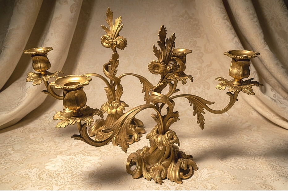 Pair of French Louis XV Style Gilt Bronze (Ormolu) Two-Light Candelabra