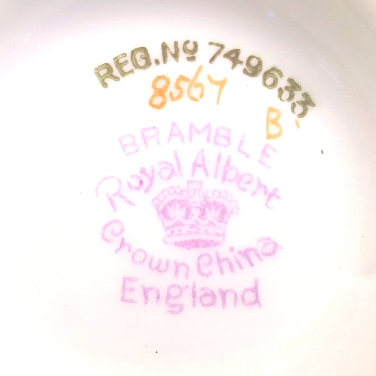 Royal Albert | 'Bramble' | Crown China Trio (Teacup, Saucer & Square Side Plate) | Autumnal Bramble & Berry Design | Registration No. 749633 | Pattern No. 8564 | Made in England | circa 1930–1932 | Mint Unused Condition