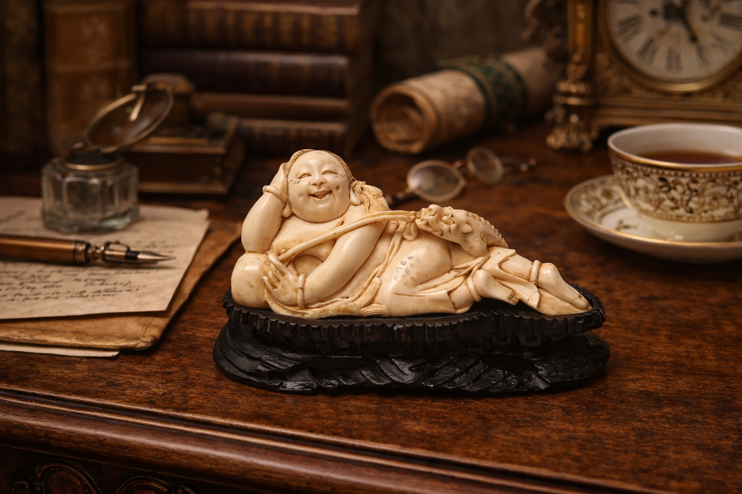 Charming Antique Japanese Figural Netsuke – Hotei with Small Dragon