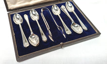 Load image into Gallery viewer, Walker & Hall Sterling Silver Golf-Themed Teaspoon Set with Silver-Plated Sugar Tongs – Early 20th Century Collectible