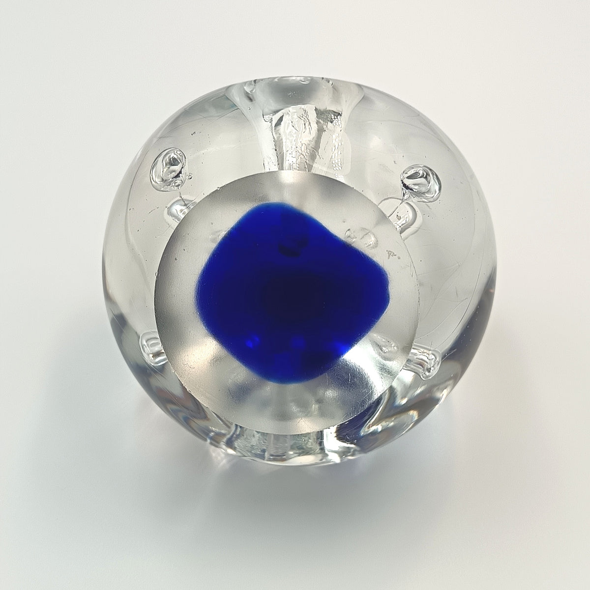 Hand-Blown Studio Glass Paperweight | Cobalt Blue & Clear | Internal Bubble & Loop Decoration | Unattributed | 20th Century