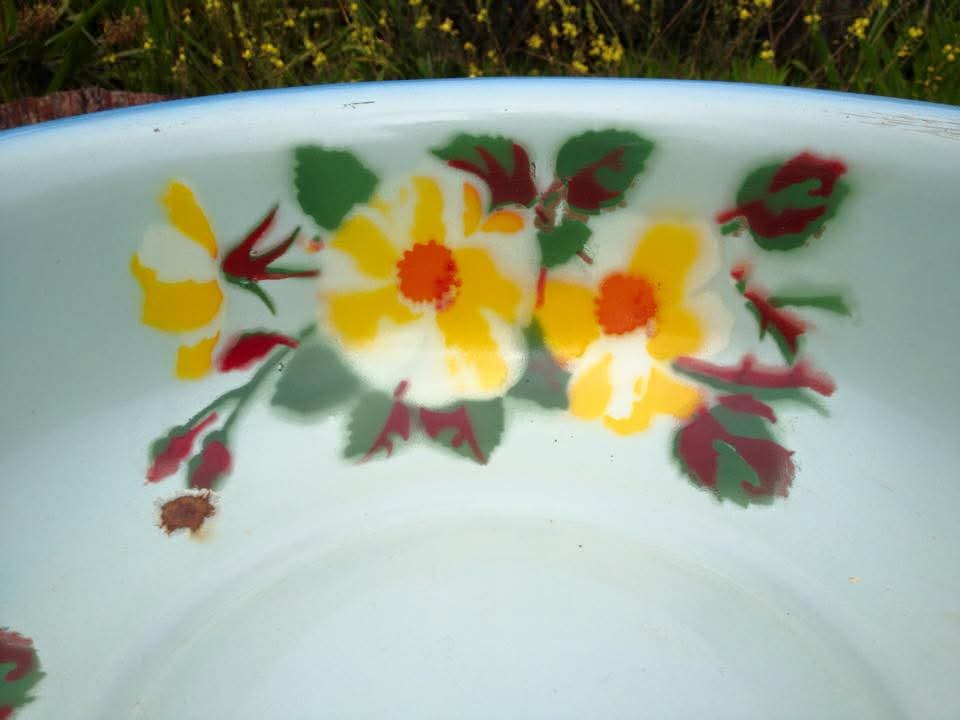 Enamelware Washbowl, Jug and Accessories | Four-Piece Set | Stencilled Floral Decoration | Enamelled Steel | Mid-Twentieth Century