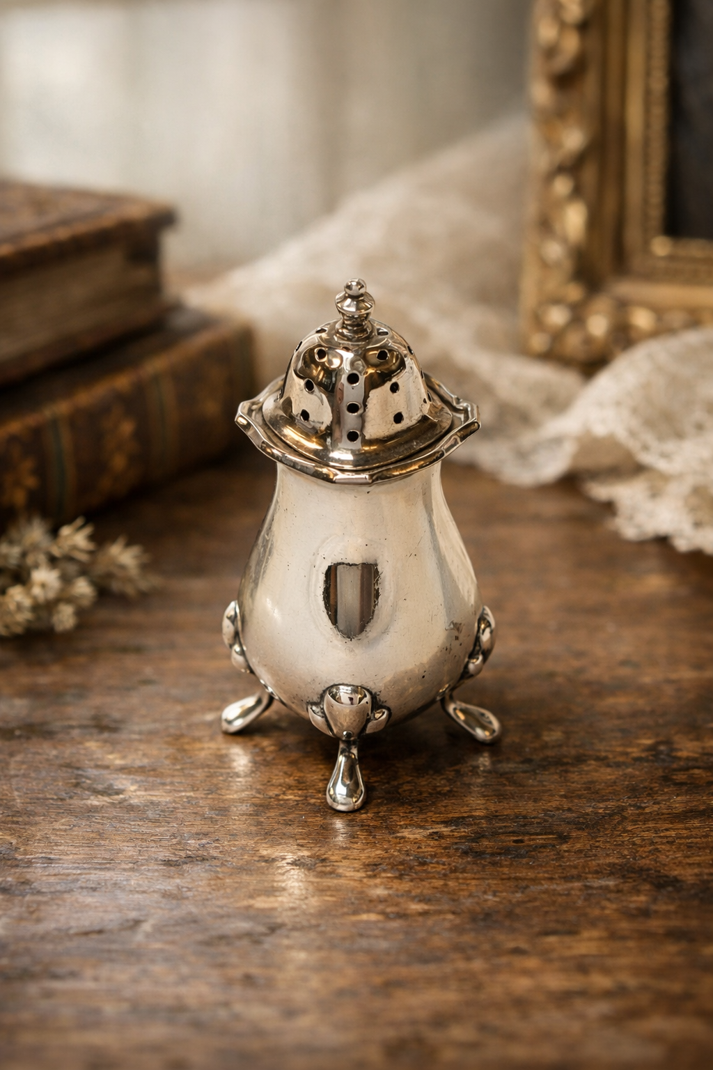 Antique Sterling Silver Pepperette — Adie Brothers Birmingham 1924, Pear Form, Four Pad Feet