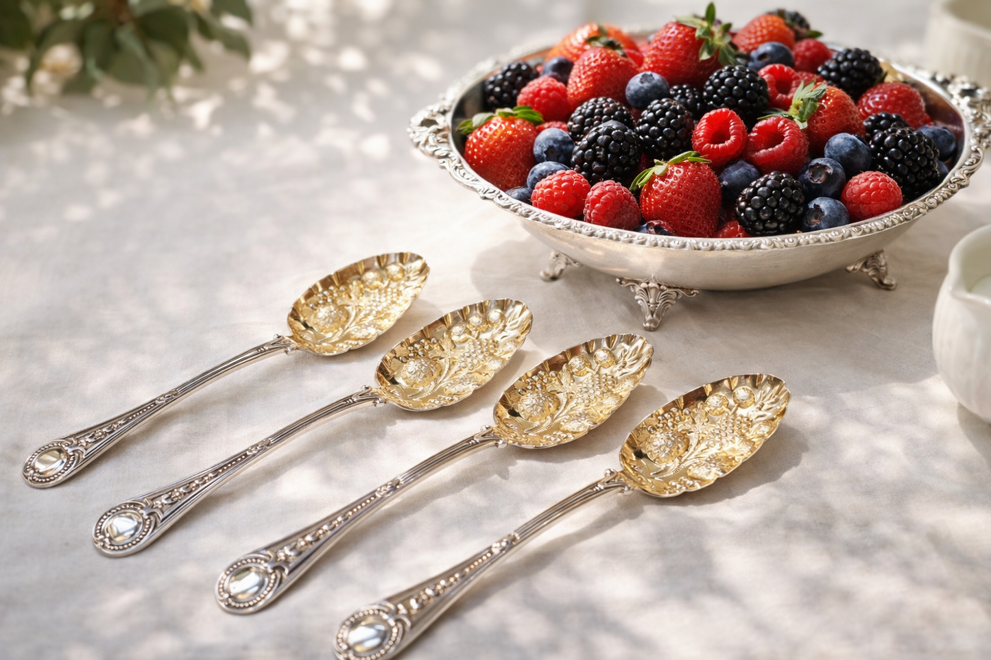 Exquisite Victorian Silver‑Plated & Gilt Berry Spoon Set (4) – Ornate Fruit Motif, John Round & Son, 1866