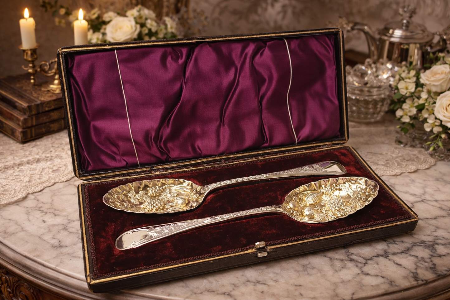 Fine Victorian Silver‑Plated Cased Berry Spoons – Original Gilded Bowls with Ornate Fruit Detailing