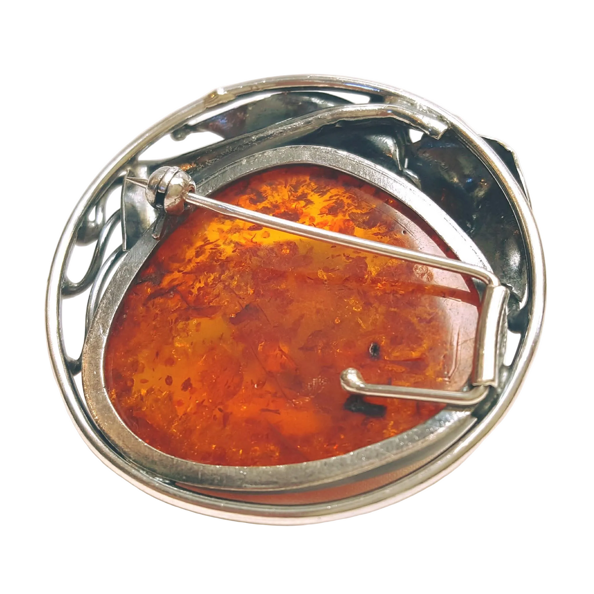 Antique Art Nouveau Sterling Silver Brooch | Large Natural Baltic Amber Cabochon | 45mm | 15g | Excellent Condition