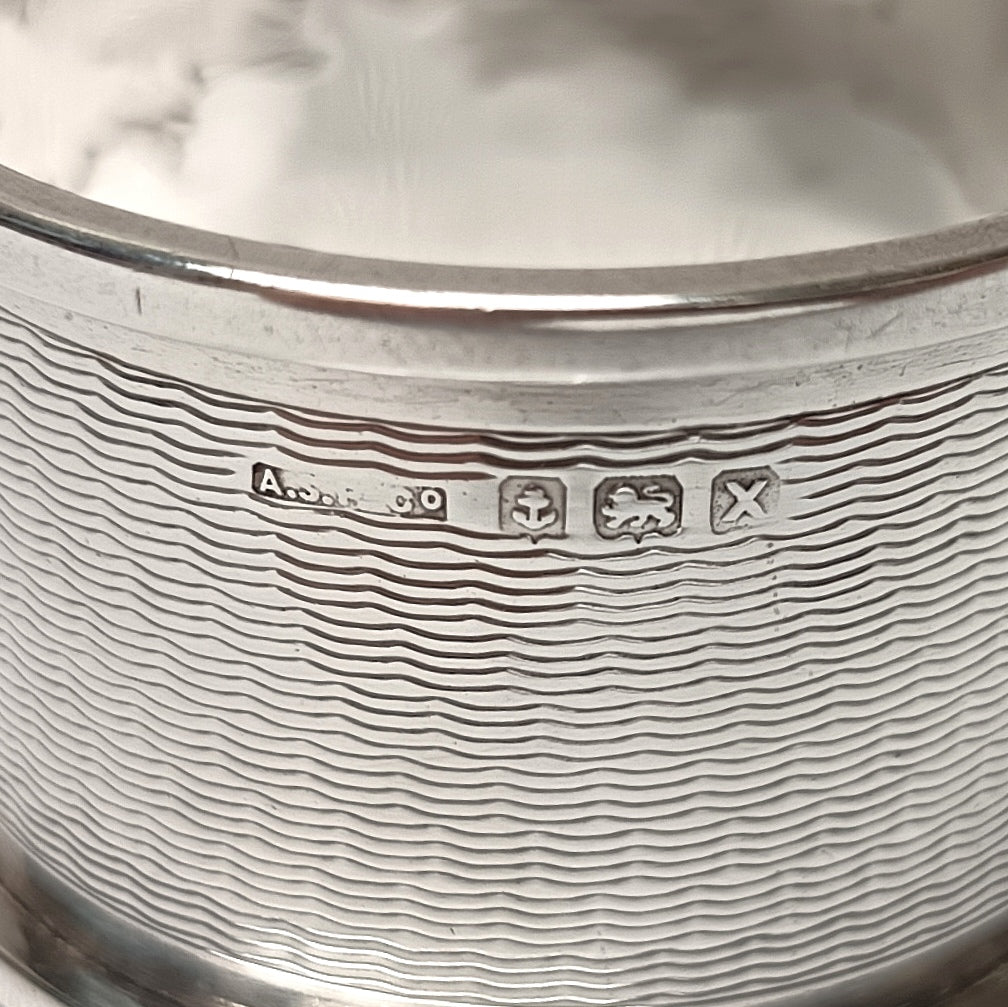 Vintage 1947 Sterling Silver Napkin Ring — Angora Silver, Birmingham, Engine-Turned, Monogrammed A.FF.G.
