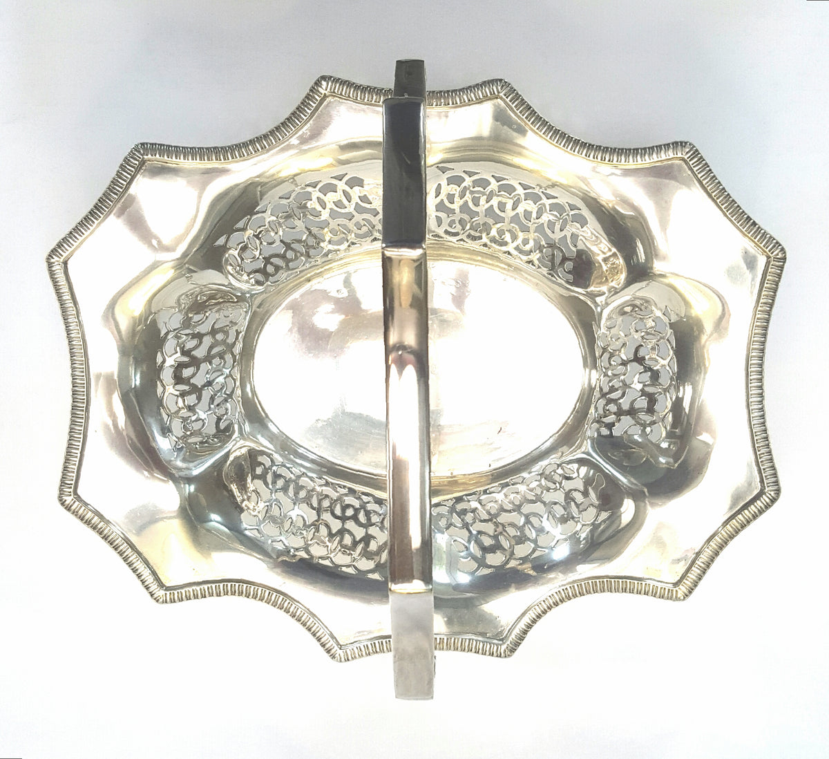 Elegant Vintage Silver-Plated Flower Basket with Pierced Detail & Swing Handle