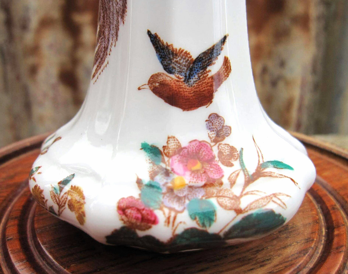 Pair of Royal Crown Derby ‘Olde Avesbury’ Porcelain & Wooden Candlesticks