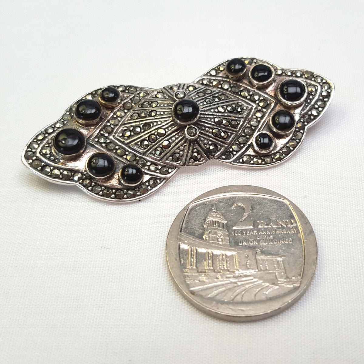 Sterling Silver | Art Deco Marcasite & Black Cabochon Brooch | Double Panel | c.1920s–1930s