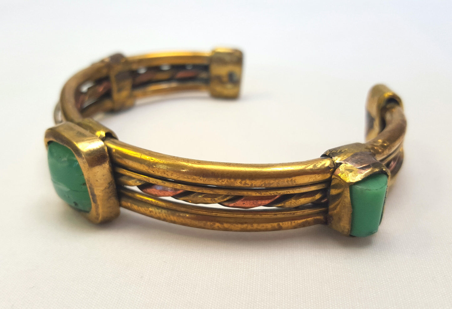 Handcrafted Copper & Brass Ladies Bangle with Chrysoprase Cabochons