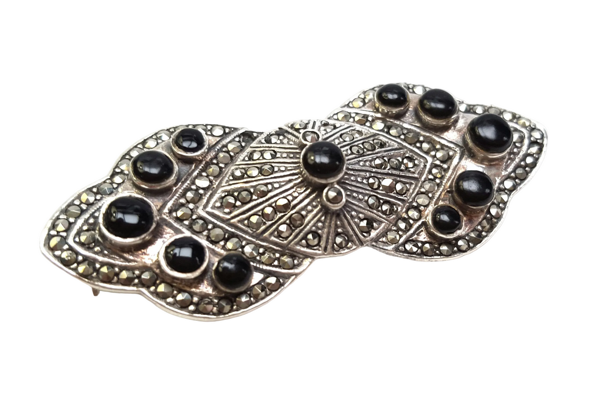 Sterling Silver | Art Deco Marcasite & Black Cabochon Brooch | Double Panel | c.1920s–1930s