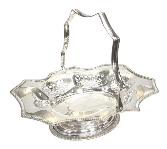 Elegant Vintage Silver-Plated Flower Basket with Pierced Detail & Swing Handle