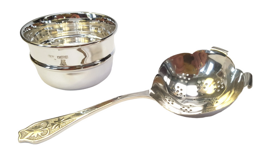 Hallmarked Sterling Silver Tea Strainer & Bowl Set