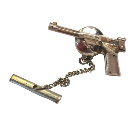 Unusual Vintage Sterling Silver ‘.22 Long Rifle’ Supermati Citation Lapel Pin with Safety Chain