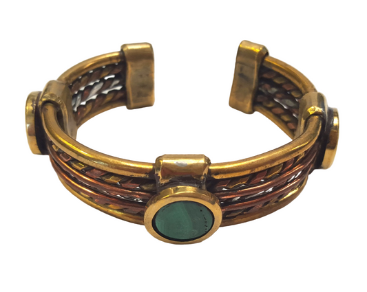 Handcrafted solid copper and brass men’s statement bangle set with three striking natural Malachite cabochons