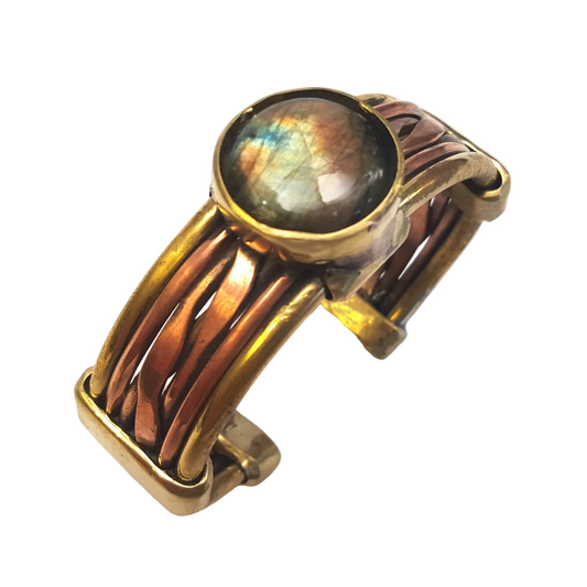 Handcrafted Copper & Brass Men’s Bangle with Labradorite Cabochon