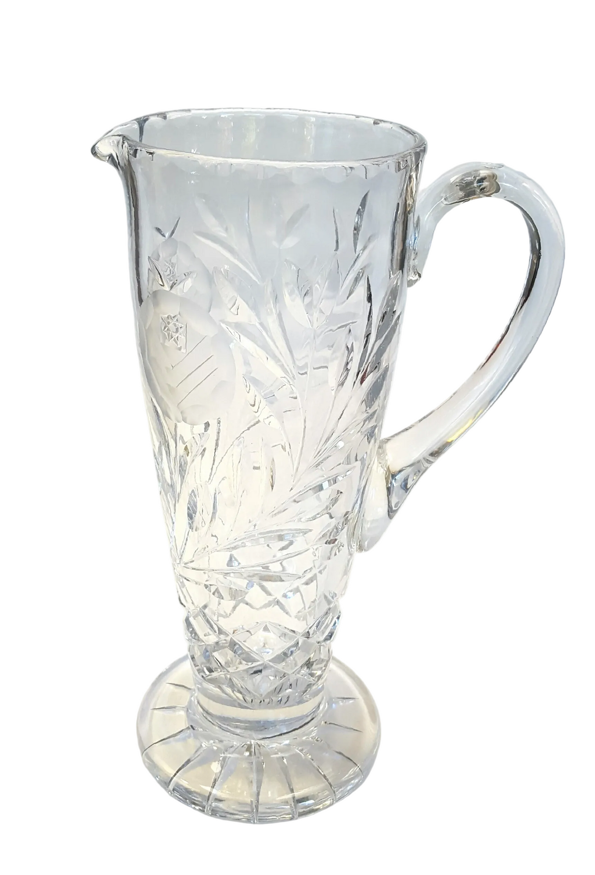 Unmarked | Hand-Cut Lead Crystal Jug | Engraved Rose & Foliage Decoration | c.1950s–1970s