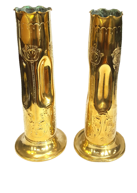 Nestor| Pair of Brass Art Nouveau Vases | Engraved Tulip & Foliate Decoration | England | c.1900–1920
