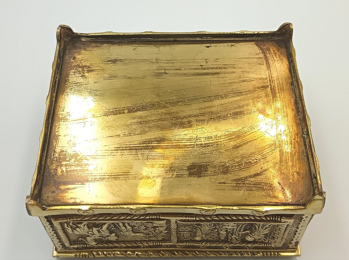 Embossed Brass Jewellery Casket | Medieval Revival Figural Panels | Cedar-Lined Interior | European, Late 19th–Early 20th Century