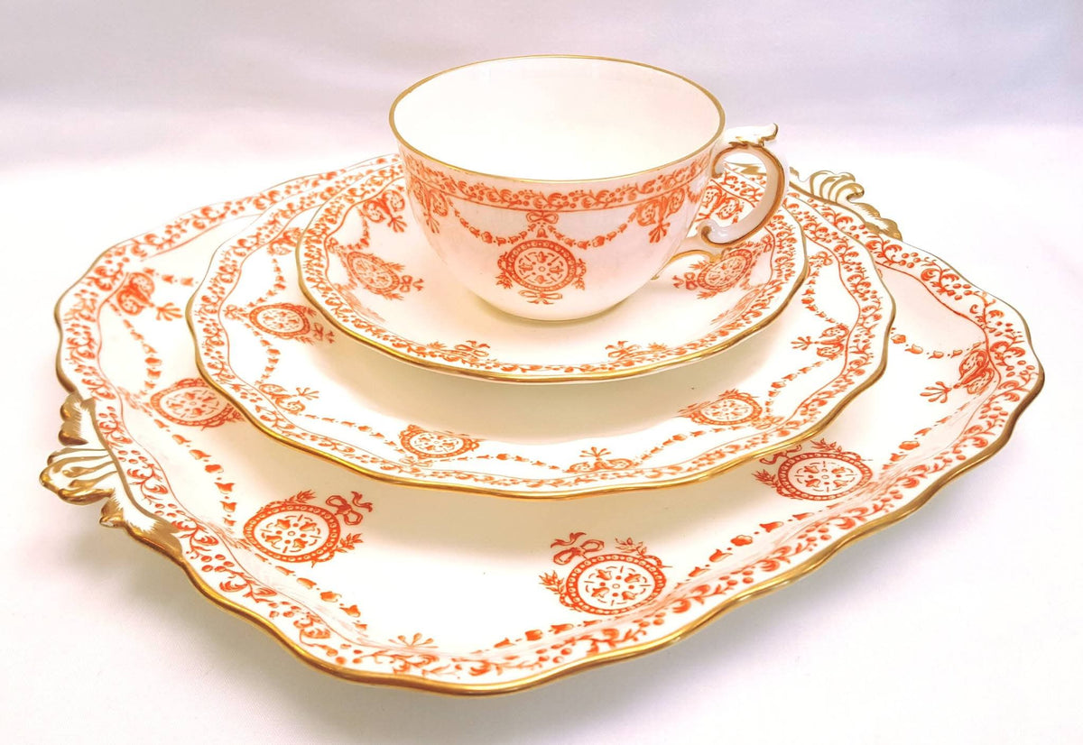 Royal Crown Derby | Neoclassical Swag & Medallion | Large Cake Plate & Two Trios | Circa 1895