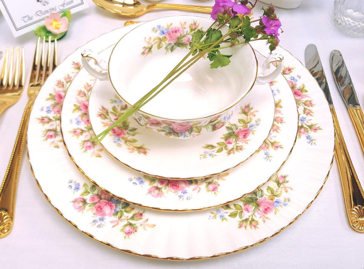 Royal Albert | Moss Rose | 47-Piece Dinner Service | Scalloped Form | Rope-Twist Gilt Edge | All Serving Pieces Intact | Mint Condition
