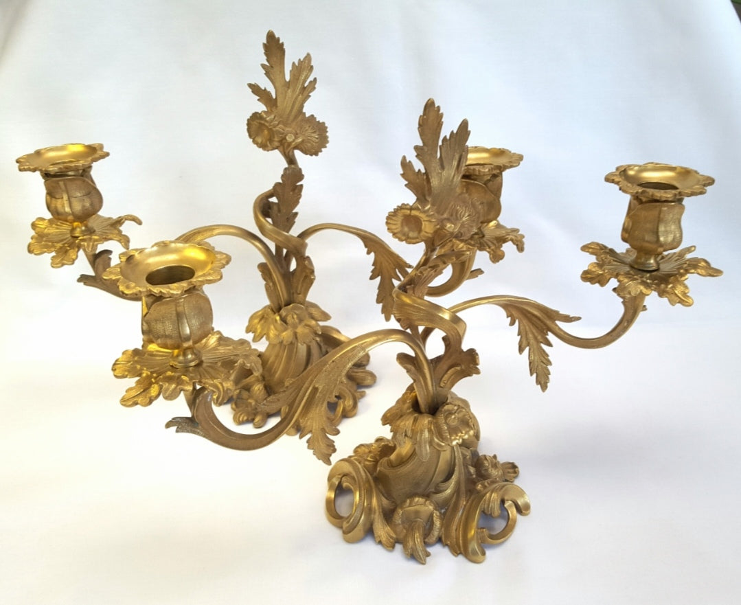 Pair of French Louis XV Style Gilt Bronze (Ormolu) Two-Light Candelabra