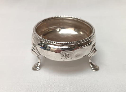 Antique Hallmarked Sterling Silver Open Salt Cellar | London 1897 | Beaded Rim | Hoof Feet | Monogrammed | Victorian