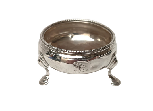 Antique Hallmarked Sterling Silver Open Salt Cellar | London 1897 | Beaded Rim | Hoof Feet | Monogrammed | Victorian