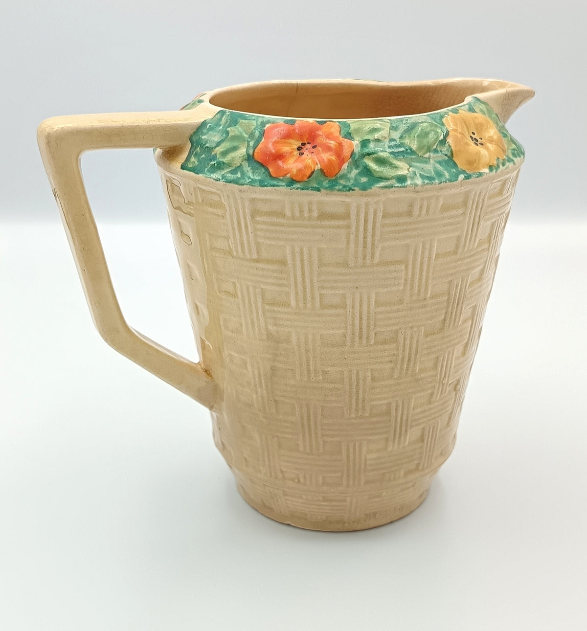 Arthur Wood | Earthenware | Basketweave Jug | Moulded Floral Collar | c.1934–1940s