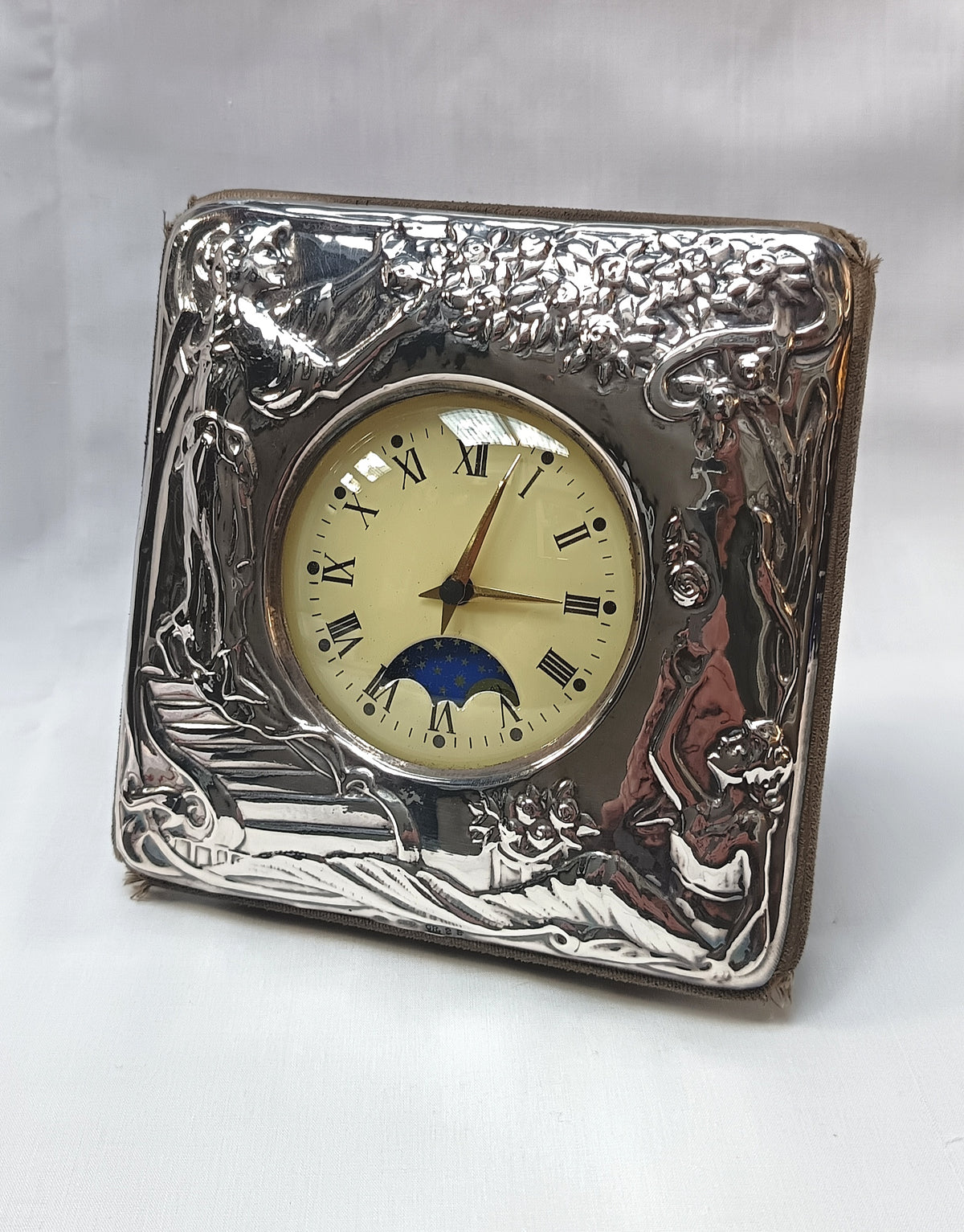 Vintage 925 Sterling Silver Art Nouveau Desk Clock — Repoussé Maiden & Moonphase Dial, Florence Italy