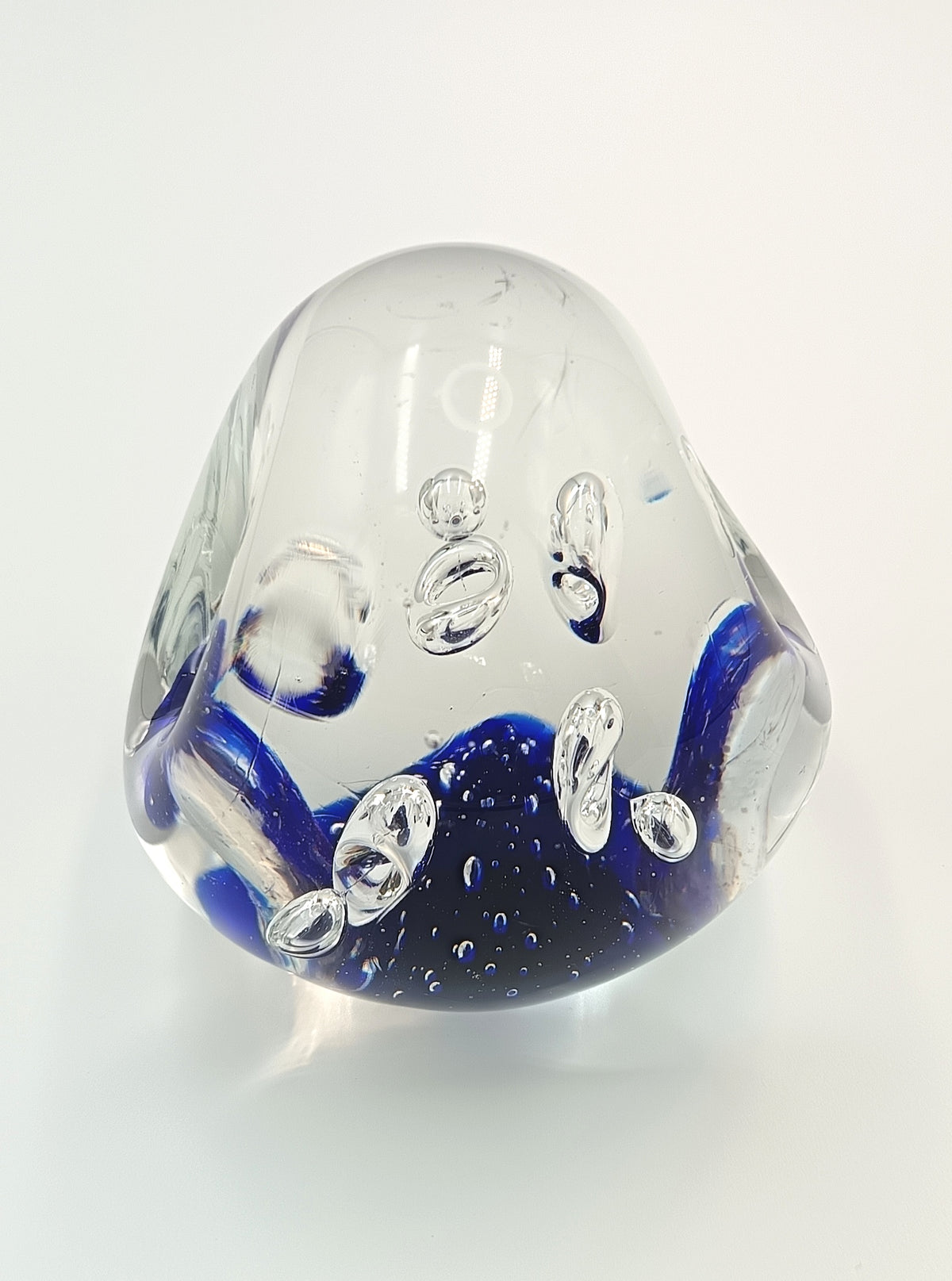 Hand-Blown Studio Glass Paperweight | Cobalt Blue & Clear | Internal Bubble & Loop Decoration | Unattributed | 20th Century