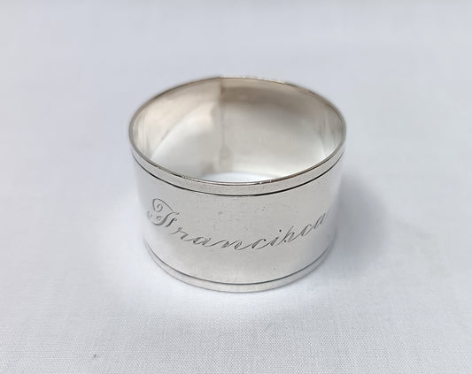 Continental Sterling Silver Napkin Ring — Engraved "Francisca", ST.SILV Marked, 30g, Very Good Condition