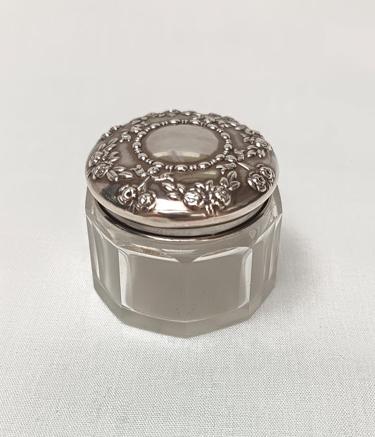 G & C Ltd | Repoussé Rose & Garland | Sterling Silver-Topped Vanity Jar | Hallmarked Birmingham 1912