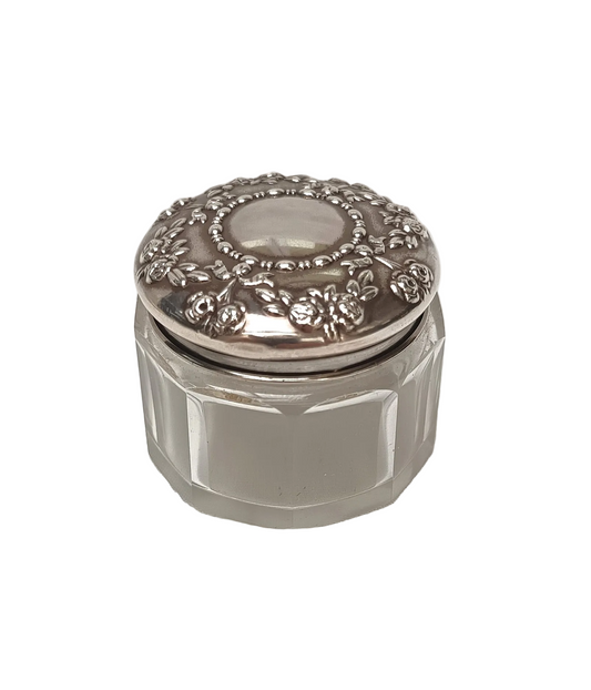 G & C Ltd | Repoussé Rose & Garland | Sterling Silver-Topped Vanity Jar | Hallmarked Birmingham 1912